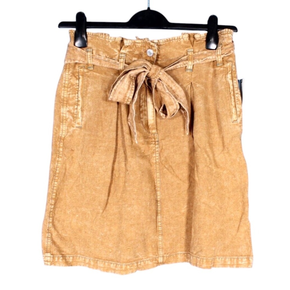 NWT PILCRO Anthropologie VINTAGE BROWN Linen Blend PLEATED Button MINI SKIRT 6